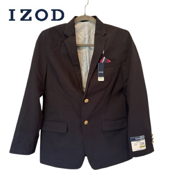 IZOD Youth Navy Blazer Sport Coat with Gold Buttons Pocket Square Sz 14 NWT - Picture 1 of 9